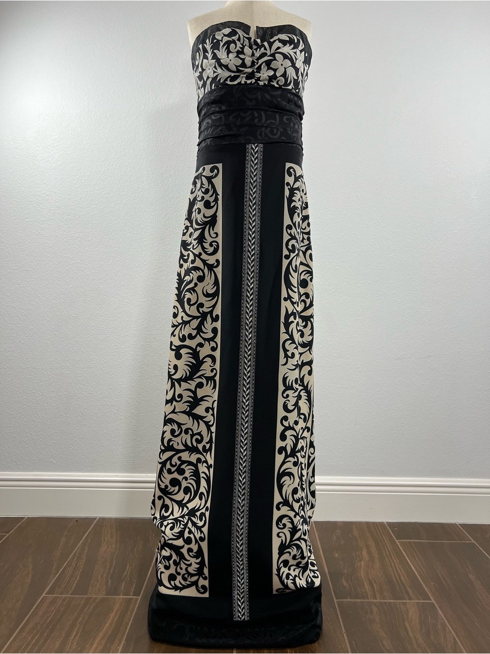 Nicole Miller Black and Cream Strapless Maxi Gown with Scroll Motif